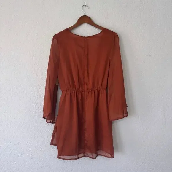 Akira Rust Red Orange Long Sleeve Faux Wrap Dress Size Large - Picture 2 of 5